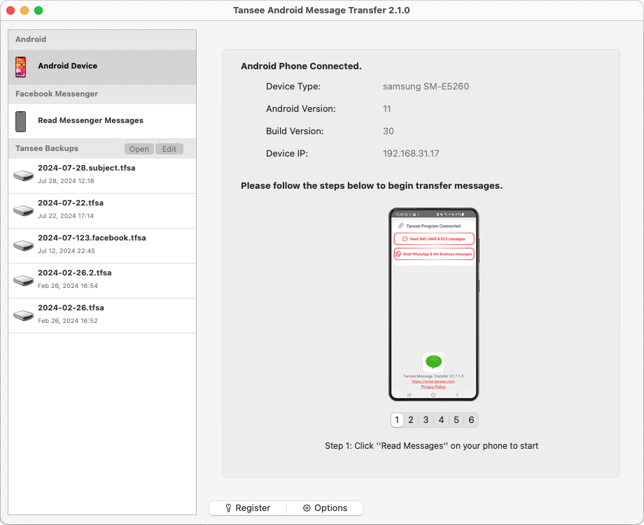 Copia SMS, MMS, messaggi RCS e messaggi WhatsApp da un telefono Android al tuo Mac