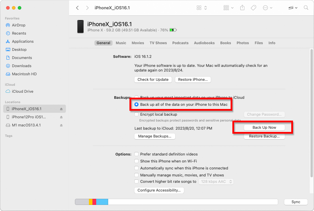 Esegui il backup di iPhone o iPad utilizzando Finder