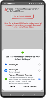 Imposta Tansee Message Transfer come app SMS predefinita