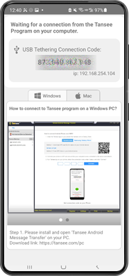 Opzione 3: ottenere il codice di connessione tethering USB dall'app Tansee