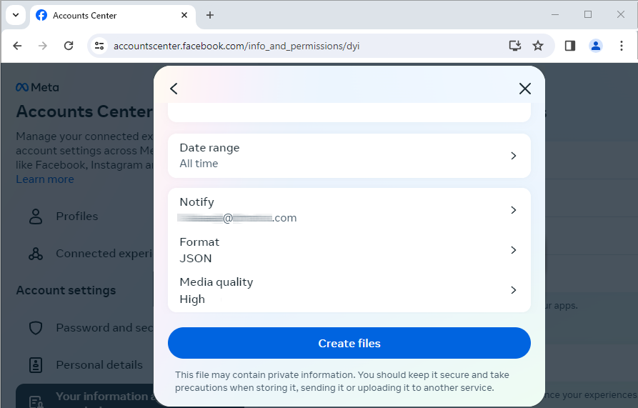 Passaggio 4. Cambia formato in JSON e modifica Intervallo dati e Qualità multimediale